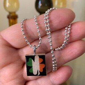 2/$12,4/$20 Irish Green Orange Shamrock Scrabble Necklace